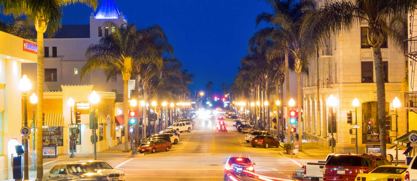A street view of the beautiful Victoria Gardens in Rancho Cucamonga at night.
